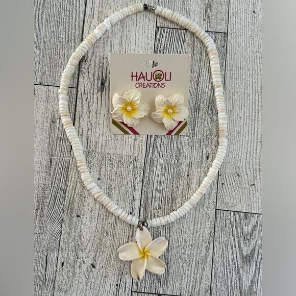 Plumeria Flower & Puka Shell Necklace and Earring Set - Picture 1 of 5